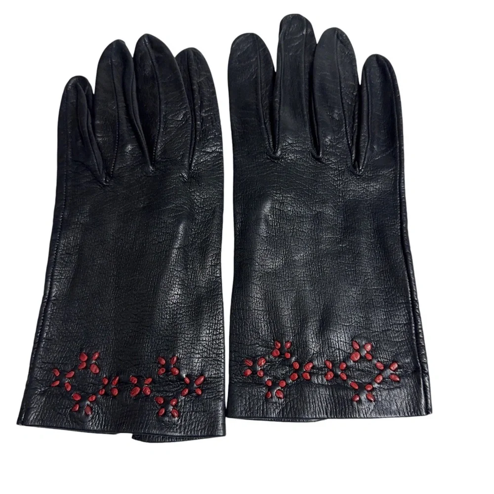 Womens Vintage Leather Gloves with Red Embroidered Accent Unlined